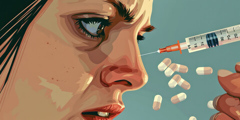 Wall Mural - Fighting for Control: A woman's grip on a syringe is tense, her eyes locked on a small mountain of pills as if they're the enemy