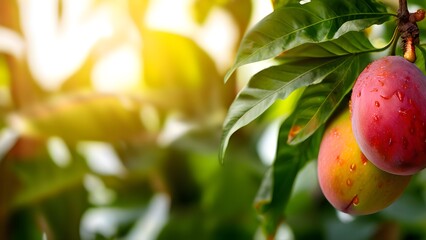 Wall Mural - Beautiful background of mango on the tree. Health and wellness concept	