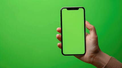 Close-up of a hand showing a smartphone with a green screen, ready for app mockups or promotional content