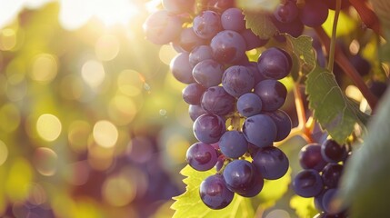 Wall Mural - Close-up of a single bunch of ripe Shiraz grapes glistening in the sunlight on the vine