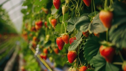 Wall Mural - Close-up of ripe strawberries hanging from plants in a lush green strawberry farm