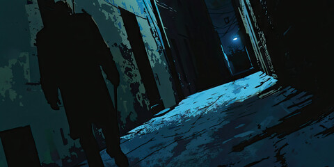 Wall Mural - Staggering Home: A forlorn figure, stumbling down a dark alley, seeking some semblance of safety