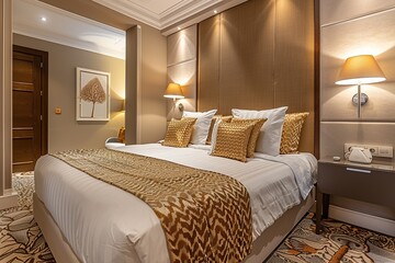 Sticker - Modern guest room with stylish decor and cozy atmosphere in a luxury hotel