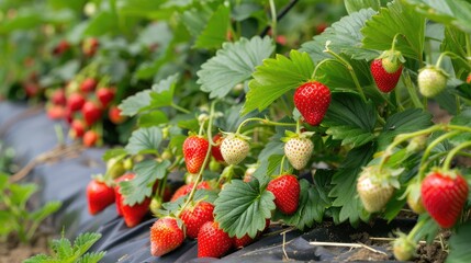 Wall Mural - Strawberries in various stages of ripeness on the plants in a well-maintained strawberry farm