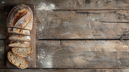 Top view of traditional sourdough bread slices on a rustic wooden background, showcasing its crusty exterior