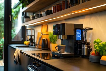 Canvas Print - Modern kitchen featuring a high-tech coffee machine with digital display, ready to brew a fresh cup