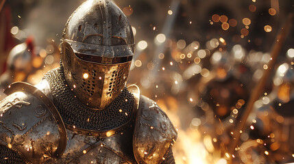 knight in full armor with bokeh background, medieval warrior, battlefield scene