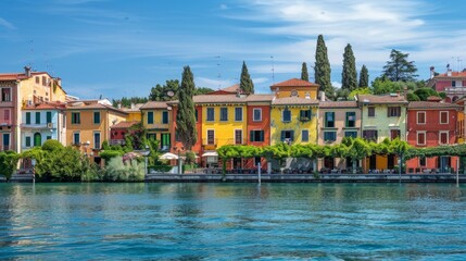 Wall Mural - Peschiera del Garda, a picturesque village adorned with colorful houses, nestled along the stunning shores of Lake Lago di Garda in the Verona province of Italy