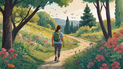 Wall Mural - watercolor painting of a woman walking along a serene nature trail, surrounded by trees, flowers, and wildlife