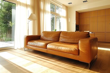 Wall Mural - Modern minimalist living room with stylish tan leather sofa