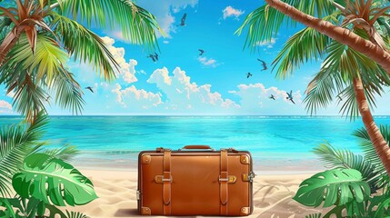 Wall Mural - Suitcase on a tropical beach with palm trees and a clear blue sky, evoking travel and vacation vibes.