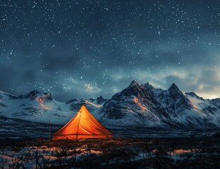 Wall Mural - A glowing orange tent in the wilderness under a starry sky, with mountains and grassland in the background, the high definition photography taken with a wide-angle lens