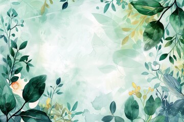 Wall Mural - Watercolor painting of leaves and flowers on green background