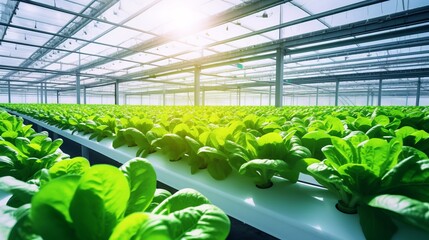 Modern greenhouse interior with abundant rows of fresh lettuce, illuminated by natural sunlight, showcasing sustainable farming techniques.