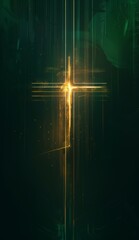 Wall Mural - Minimalistic Cross with Golden Glow on Dark Green Abstract Background