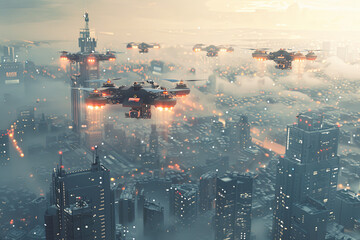 Wall Mural - Drones Flying Over a Modern City at Dusk