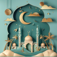 creative mosque papercut, islamic celebration card