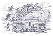 © Rob - Hand drawn illustration of coastal landscape with surf shop. Art in a laid-back style for prints on t-shirts, decoration, etc.