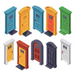 © Vectorvstocker - Isometric doors various colors isolated white background. Collection nine different styles doors, colorful entrance design elements. Detailed architectural parts, doorways building exteriors