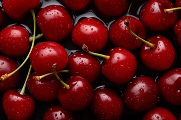 Wall Mural - Fresh, ripe cherries with water droplets, shot in close-up, showcasing their vibrant red color and juicy appearance. Perfect summer fruit.