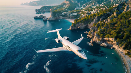 private airplane aeroplane over the sea and coast of land