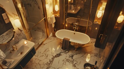 Enjoying a luxurious lifestyle with gold fixtures and marble flooring in a modern bathroom