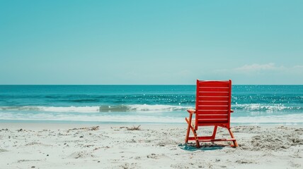 Wall Mural - Bright red chair on sandy beach by blue ocean under clear sky