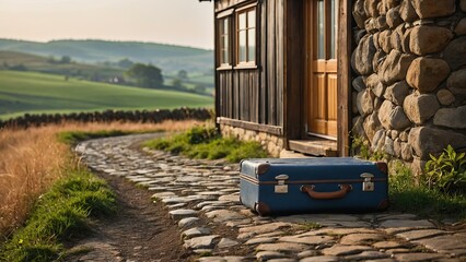 Travel suitcase on a cobblestone path leading to rural houses, capturing a serene journey concept