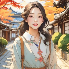 Poster - AI-generated illustration of a woman in kimono by the temple entrance in the fall