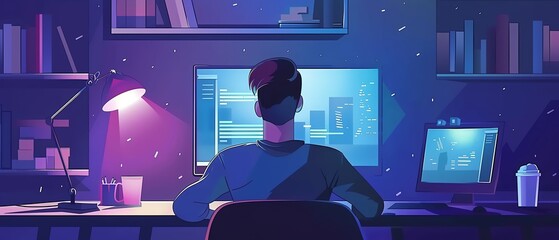 A startup founder working late at night, illuminated by the glow of their computer screen, flat design top view innovative strategies cartoon drawing