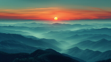Mountain Sunset Sky Landscape: A beautiful evening scene with the sun setting over misty mountains, casting a warm glow over the serene valley