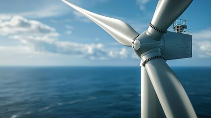 Wall Mural - A detailed close-up of a single wind turbine in an offshore farm, showing the intricate design of the blades against a backdrop of a deep blue sky and sea.