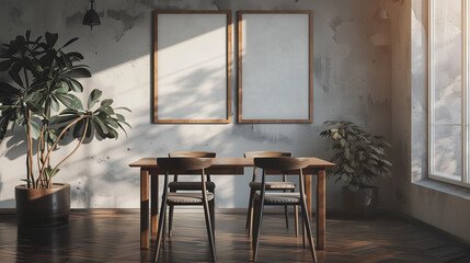 WOOD DINING ROOM WITH PICTURE FRAME ON THE WALL