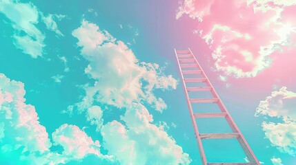 Wall Mural - A realistic depiction of a step ladder reaching into a bright pastel sky dotted with fluffy clouds, representing the aspirations and upward trajectory of growth and future endeavors.