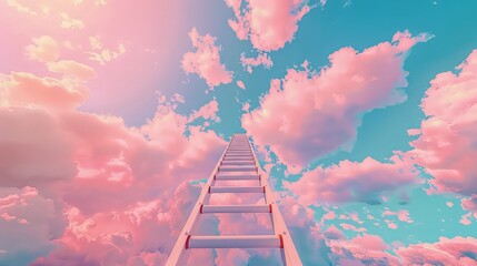 Wall Mural - A step ladder extending into a pastel-colored sky filled with fluffy clouds, symbolizing the journey towards growth and development.