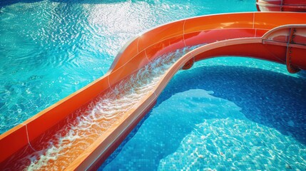 A vibrant background image showcasing a large orange water slide curving into a pool of sparkling blue water, perfect for an aqua park promotional banner.