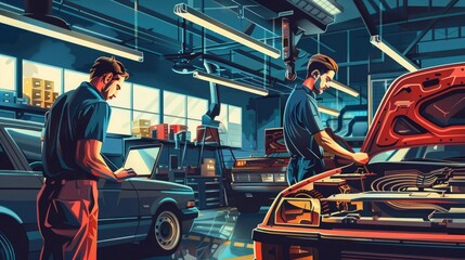 Wall Mural - A mechanic manager worker checks a car on a laptop computer in the workshop of an automobile repair service center, while an engineer young man looks at inspection vehicle details under the hood of a