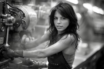 A black-and-white image of a young woman operating complex machinery in an industrial setting, highlighting the intersection of human effort and technology in the workplace