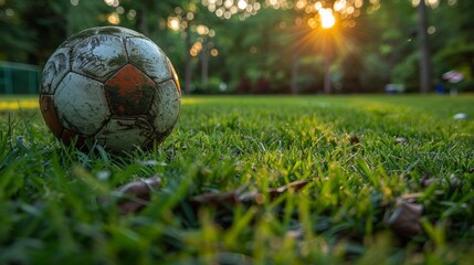 A close-up image of a weathered soccer ball resting on a grassy field with morning dew, illuminated by the soft glow of sunrise, creating an idyllic outdoor scene