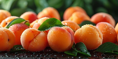 Wall Mural - A close-up of fresh, juicy apricots with water droplets on their skin and green leaves in a natural setting, perfect for showcasing summertime fruit