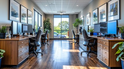 Wall Mural - a modern and well-decorated large office space with sleek wooden floors, multiple workstations and e