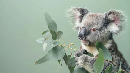 Wall Mural - cute koala holds out an eucalyptus isolated on light pastel green background with copy space