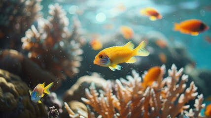 Sticker - Vibrant fish swim around coral reef in clear blue water