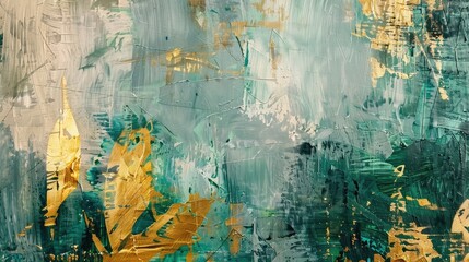 Decorative abstract art background textured with golden brush strokes. Oil on canvas. Modern Art. Floral, green, gray, wallpapers, posters, cards, murals, rugs, hangings, prints