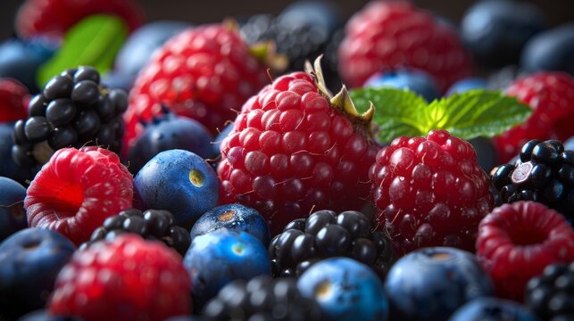 Fresh Assorted Berries in Vibrant Close-up. A close-up view of mixed berries including strawberries, blueberries, and raspberries, highlighting their vivid colors and freshness.
