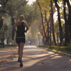 Woman jogs on a path amid tranquil trees in golden morning light