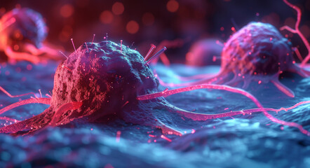 Wall Mural - 3d render of red and blue cancer cells on the surface of a healthy cell, microscopic view.