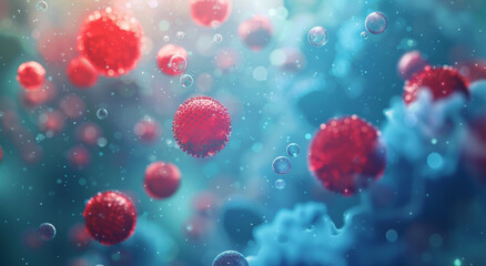 Red and blue cells floating in the background, with red and white cell particles moving around. A close up illustration in the style of medical technology.