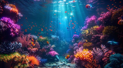 Wall Mural - Enchanted underwater realm with glowing coral reefs, vibrant bioluminescent fish, and a gentle ethereal light from an unknown source