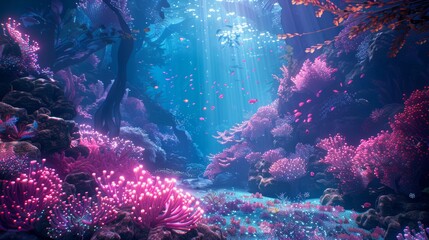 Wall Mural - Enchanted underwater realm with glowing coral reefs, vibrant bioluminescent fish, and a gentle ethereal light from an unknown source